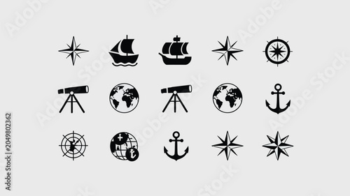 Quadro su tela Set of maritime exploration icons including telescope globe anchor and ships for education