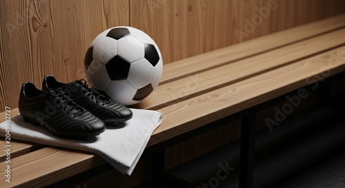 Soccer captain's armband lies on a wooden bench with black cleats and a soccer ball.