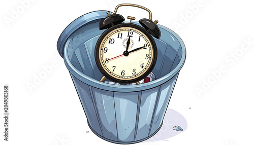 Alarm clock in a trash can, representing wasted time or the end of a deadline, digital art illustration