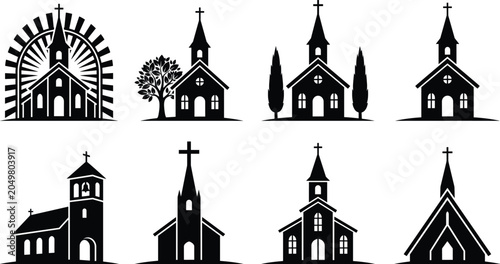 Konstfotografi Set of black silhouette church icons, chapels, and religious buildings for faith