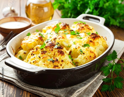 A baking dish of golden-brown, cheesy, herbed potatoes