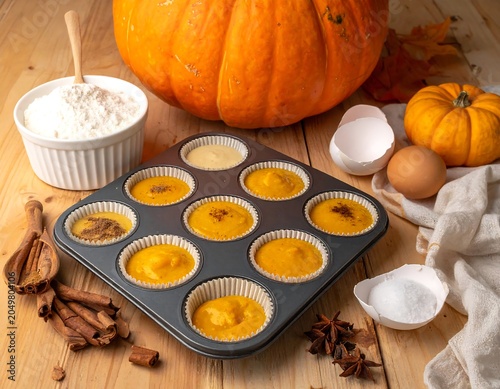 A baking scene with mini pumpkin tarts and ingredients