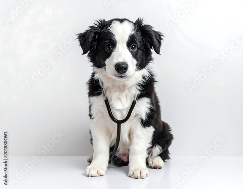 A black and white puppy dog sits on a white surface against a white background