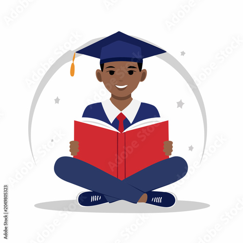 Young student in graduation cap reading a book