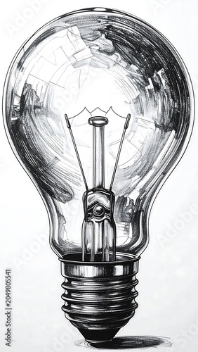 A black and white sketch of a lightbulb with a detailed filament