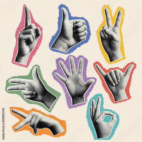 Vintage-style collage of diverse hand gestures, including pointing, thumbs-up, and counting, set against colorful, retro borders for a unique look.