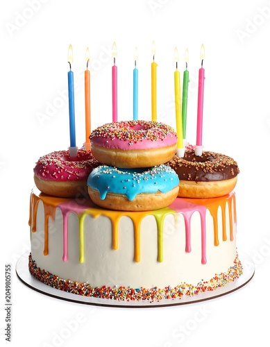 A birthday dessert featuring a cake topped with donuts and colorful candles