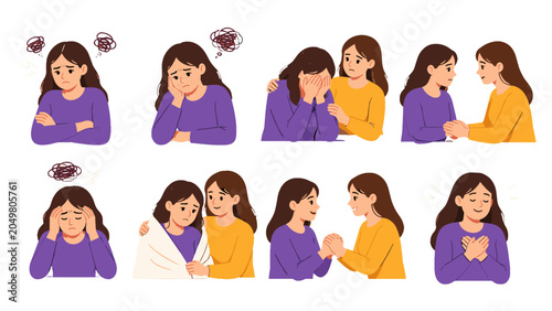 Bild auf Leinwand Set of women showing sadness stress and comfort support