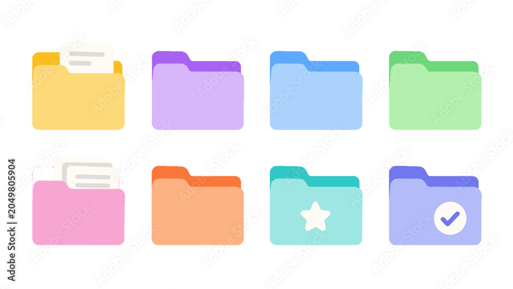 Obraz premium Set of colorful folder icons with document, star, and check symbols