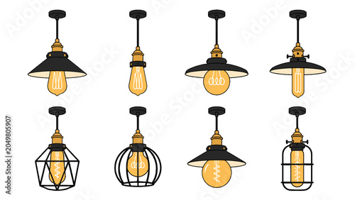 Fotografie Set of vintage hanging pendant lamps with glowing bulbs