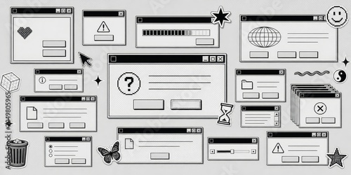 Collection of vintage computer windows and ui elements in a illustration style with scattered icons.