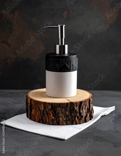 A black and white soap dispenser on a tree stump