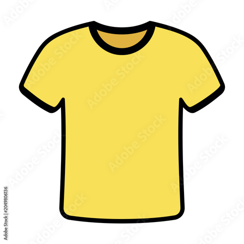 Illustration of a simple yellow t-shirt with black trim and a golden collar on a white background
