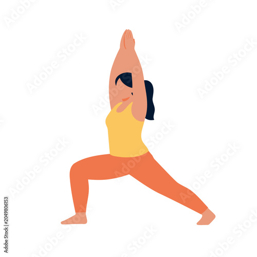 Woman strikes warrior one pose in yoga with hands clasped overhead for physical fitness