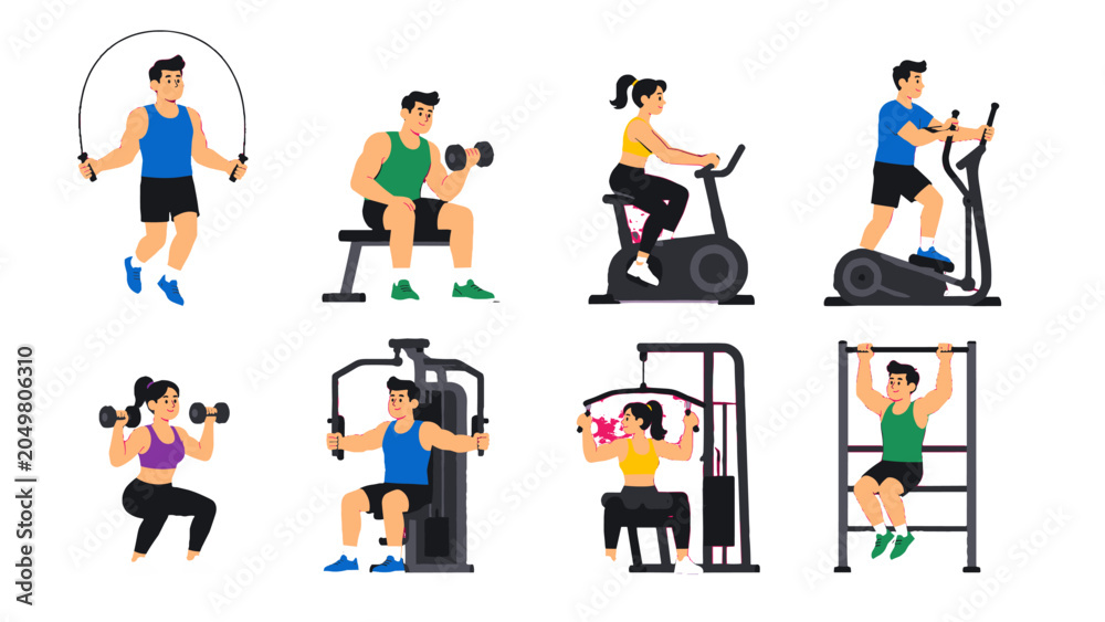 Fototapeta premium People exercising with gym equipment in flat vector set