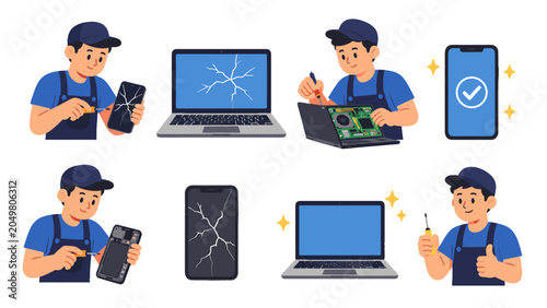 Electronic device repair service illustration set with technician