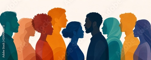 Silhouettes of diverse individuals in vibrant colors are arranged in profile, representing unity, community, and the richness of human diversity.