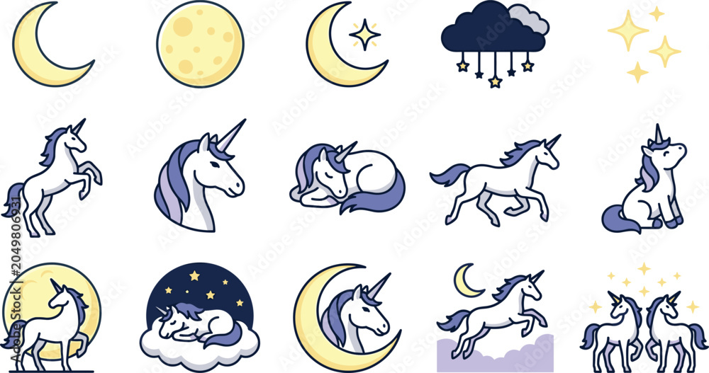 Obraz premium Cute Night Unicorn Collection Featuring Moon, Stars, Sleeping Fantasy Characters, Dreamy Sky Elements, and Magical Kawaii Vector Icons
