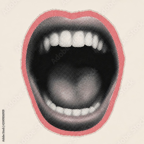 Stylized illustration of a person's mouth open wide, rendered in a halftone dot pattern with a vibrant pink outline, suggesting shouting or speaking loudly.