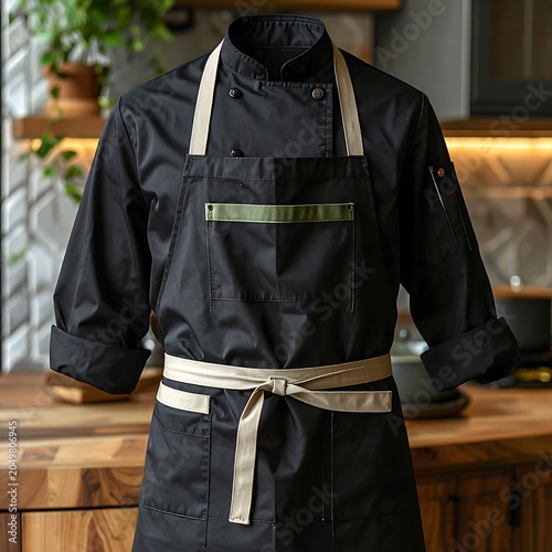 A black apron with beige straps and waistband hangs on a mannequin in a kitchen