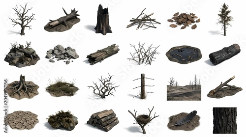 Obraz na plátně Detailed set of dead forest environmental assets featuring withered bare trees, hollow stumps, charred logs, cracked earth, dry leaves, stones, thorny bushes, and a bird nest