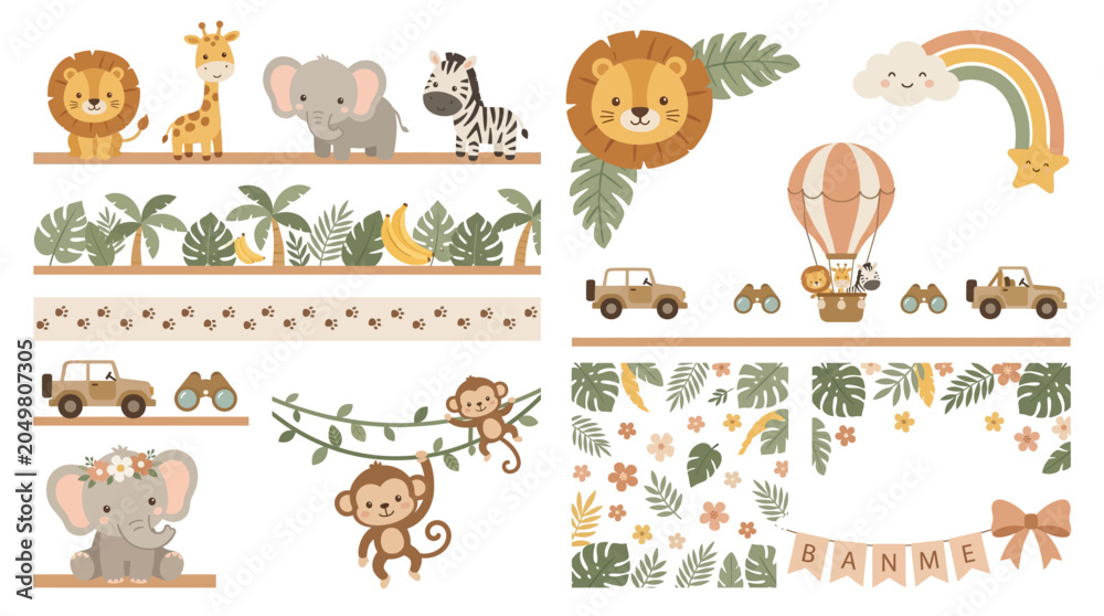 Obraz premium Baby Nursery Cute Animal Safari Border Frame Set Vector Clipart EPS