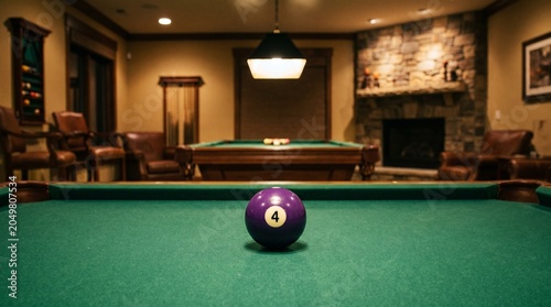 Foto Purple billiard ball number 4 centered on a green pool table in a cozy game room