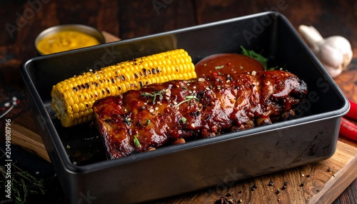 A black baking dish containing glazed ribs and corn on the cob on a wooden cutting board