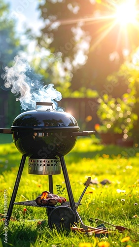 A black barbecue grill on a green lawn with smoke and sun
