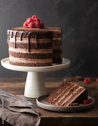 Chocolate Cake with Raspberries on a Cake Stand.