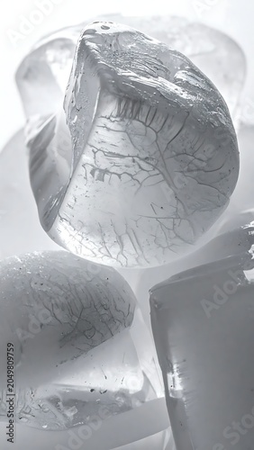 Close-up of a clear ice sculpture with intricate textures and details.