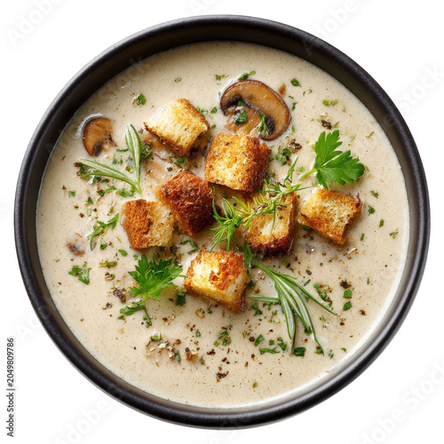 Creamy mushroom soup with fried bread croutons and fresh parsley garnish in dark bowl