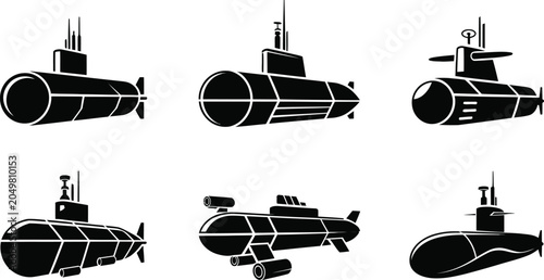 Εκτύπωση καμβά Submarine black silhouette icon collection vector