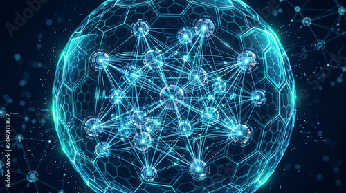 Abstract luminous digital protective sphere encasing encrypted data particles, cybersecurity data protection concept, cool blue and teal palette, commercial technology editorial illustration