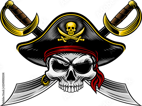 Cuadro en lienzo Pirate skull crossbones wearing a tricorn captain hat, eyepatch with crossing sabers or scimitar cutlass pirate swords