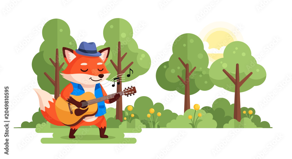 Fototapeta premium Cute Fox with Guitar Sings in a Summer Forest Scene - Flat Design Illustration