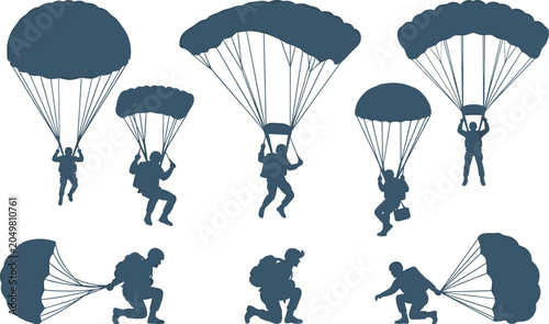 Foto Parachutist Silhouette Collection Featuring Skydivers Landing with Parachutes in