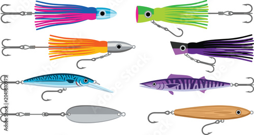 фотографія Fishing Lure Collection with Colorful Trolling Baits, Squid Skirts, Crankbaits,