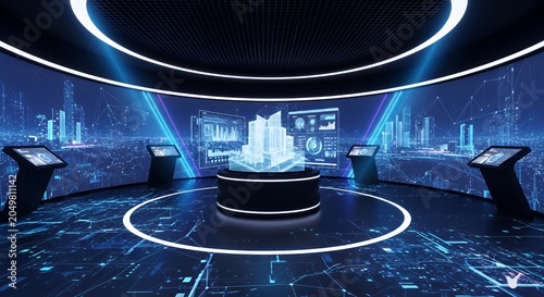 Futuristic Digital Technology Display Room with Interactive Screens and Holographic Data Visualizations