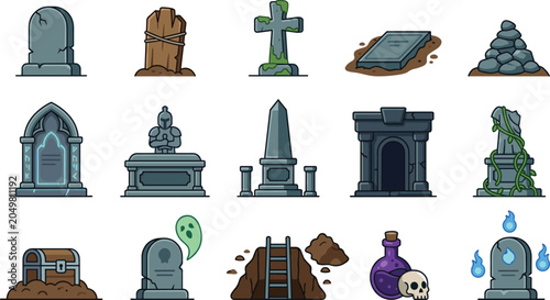 Foto Spooky Cemetery and Graveyard Icon Set Featuring Tombstones, Crypts, Graves, Pot