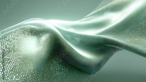 A flowing digital wave composed of glowing dots and lines a futuristic, abstract mesh pattern in soft green tones, abstract movement background for kids