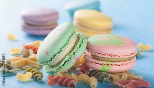 Colorful macarons and pasta on blue background.