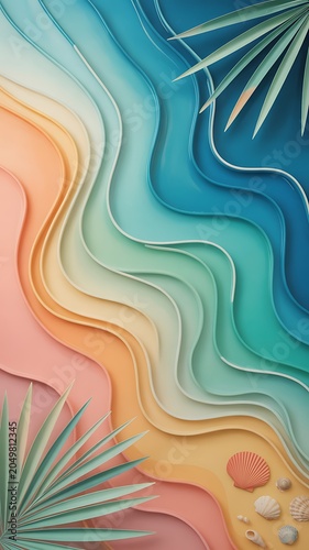 Abstract layered waves of pastel beach colors with palm fronds and seashells