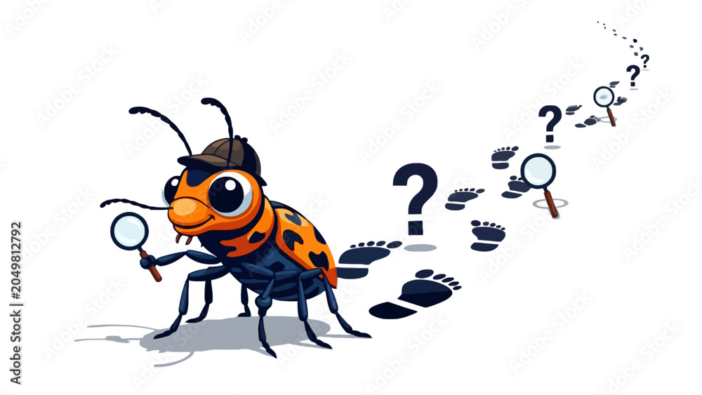 Fototapeta premium Curious Bug Detective with Magnifying Glass & Footprints - Mystery Solving