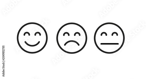 Obraz na płótnie Group of three minimalist smiling, frowning, and neutral faces structured as a vector image for evaluating satisfaction levels and customer feedback systems