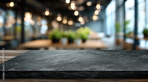 Empty black slate countertop with blurred modern cafe interior background