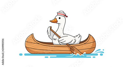 Cute Cartoon Duck Paddling a Wooden Canoe