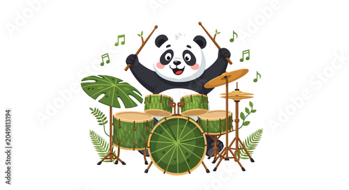 Cute cartoon panda playing drums, surrounded by tropical leaves and musical notes.