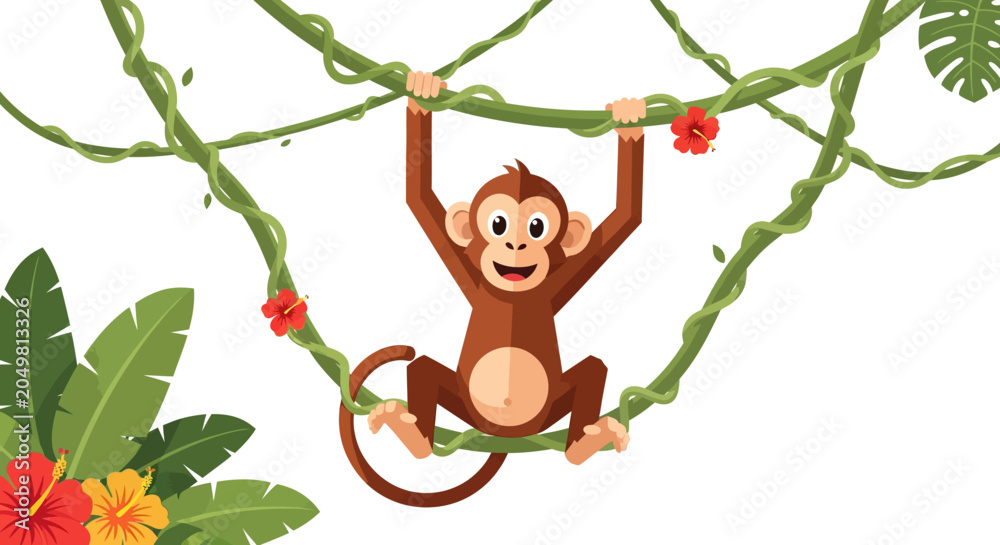 Naklejka premium Cute monkey swinging on vines, jungle leaves and flowers, cartoon style isolated on white