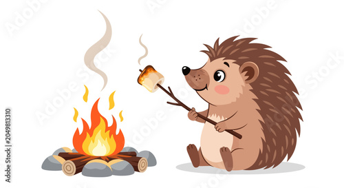 Cute hedgehog roasting marshmallow over campfire, cartoon illustration, isolated on white.